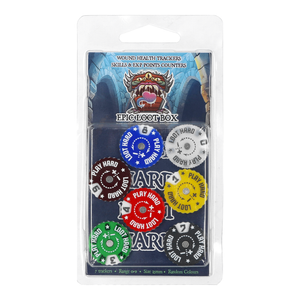 Packaged set of gaming counters with colorful designs on a white background