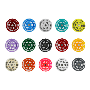 Set of colorful circular buttons with text on a white background
