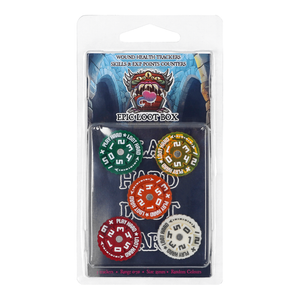 Packaged set of game counters with colorful designs on a white background
