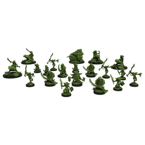 Set of green miniature figures on a white background