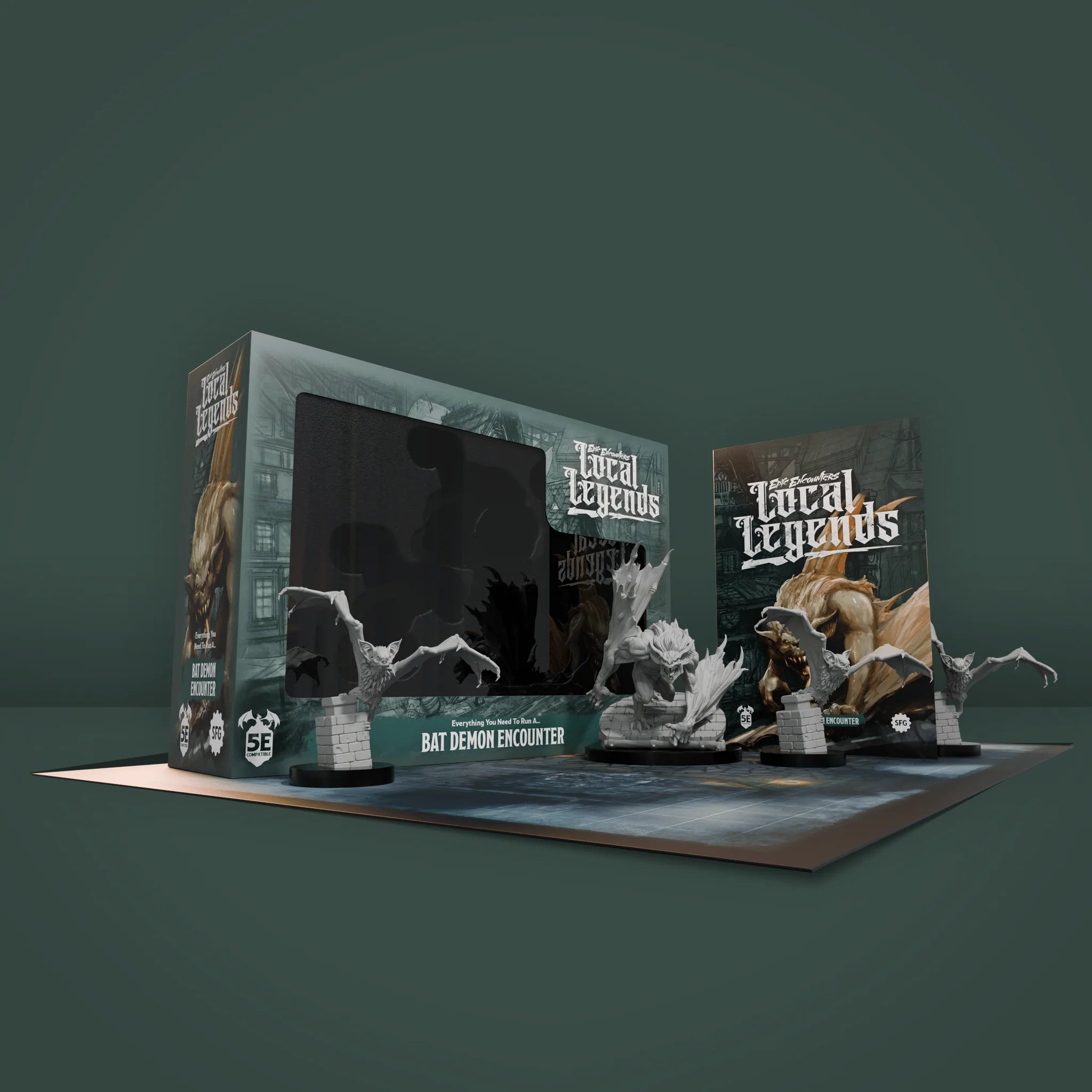 Display of 'Local Legends' product with packaging and figurine on a dark green background