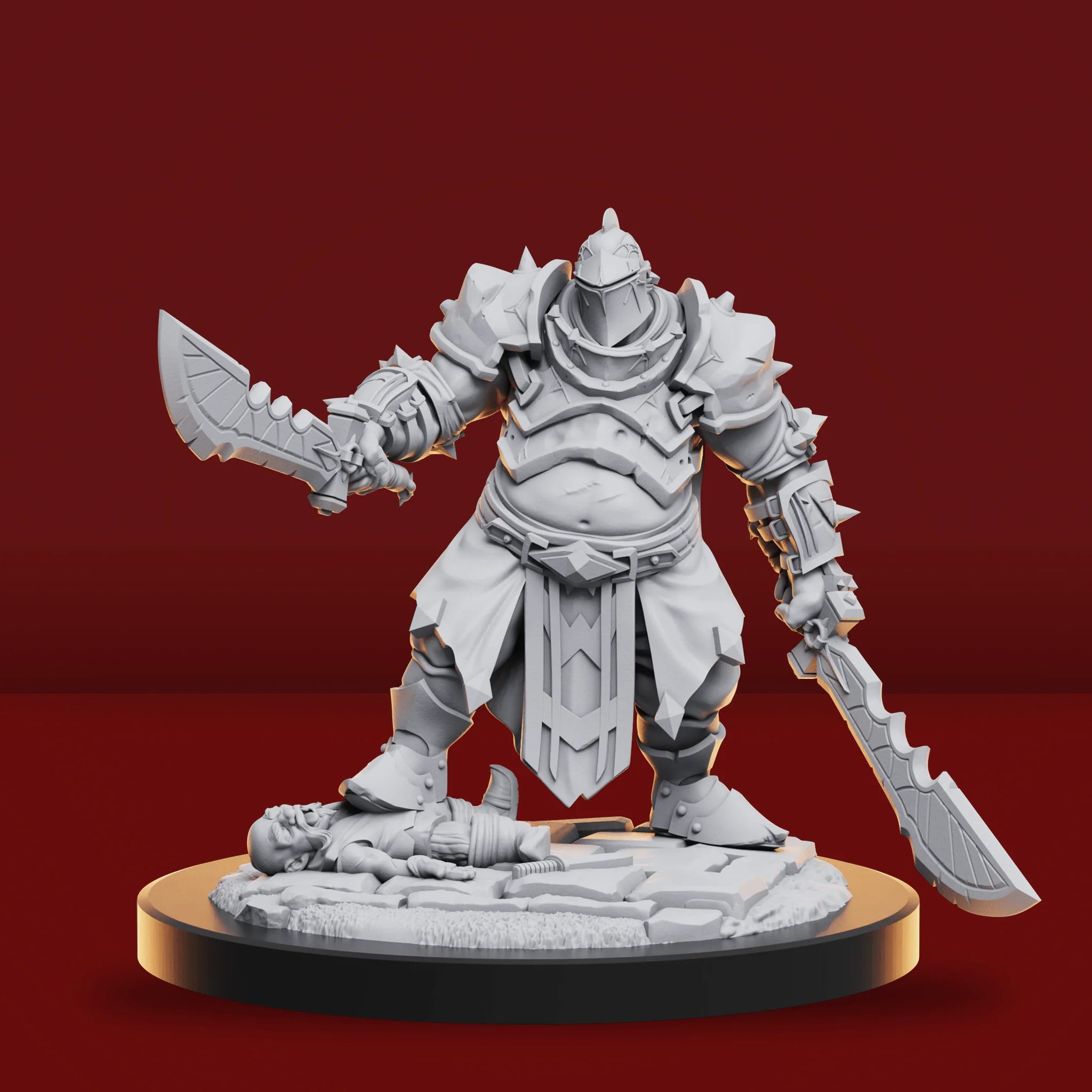 Warrior figurine with two swords on a red background