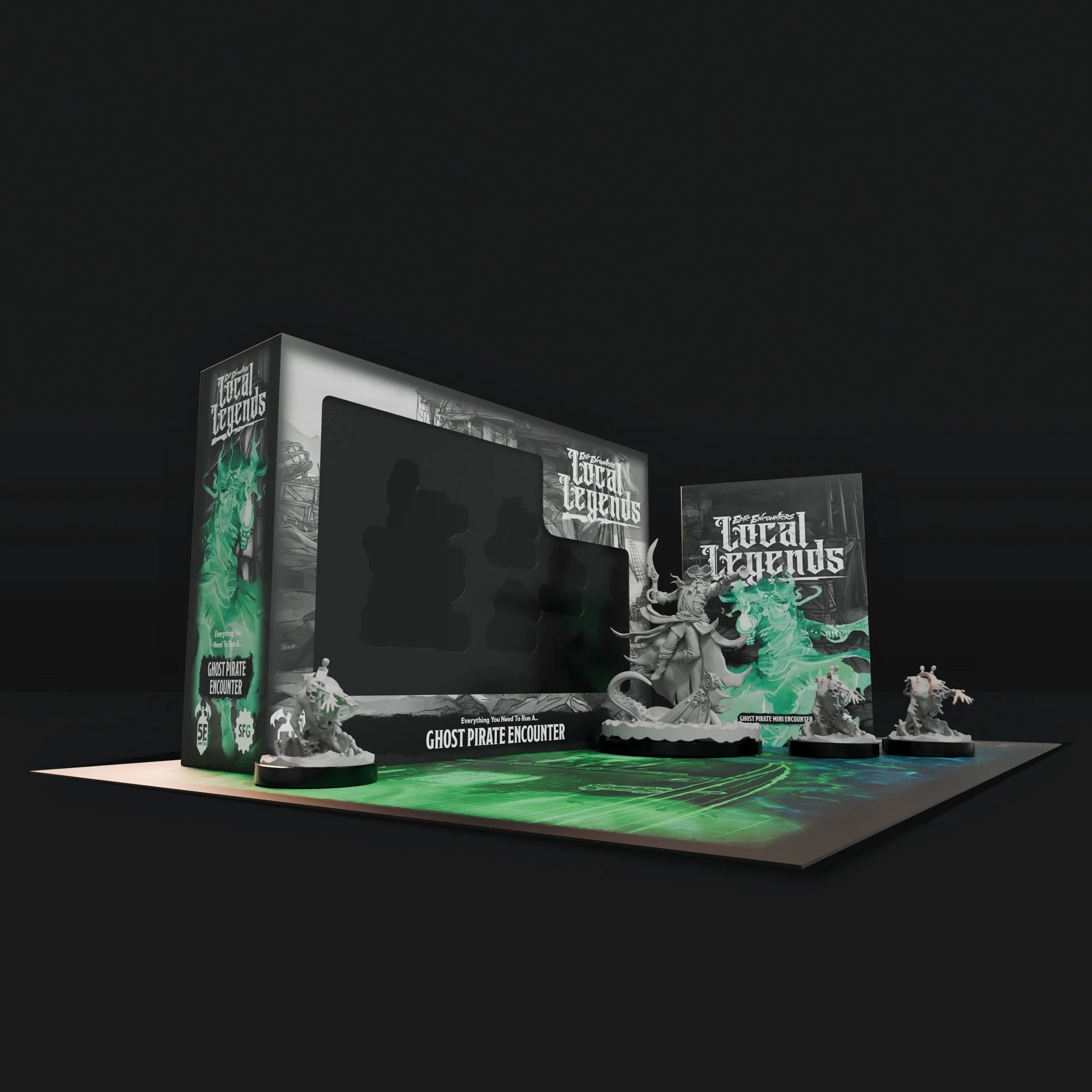 Fantasy miniature game set with packaging and figures on a black background