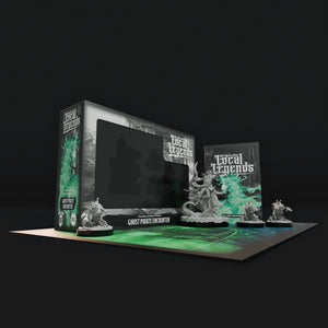 Fantasy miniature game set with packaging and figures on a black background