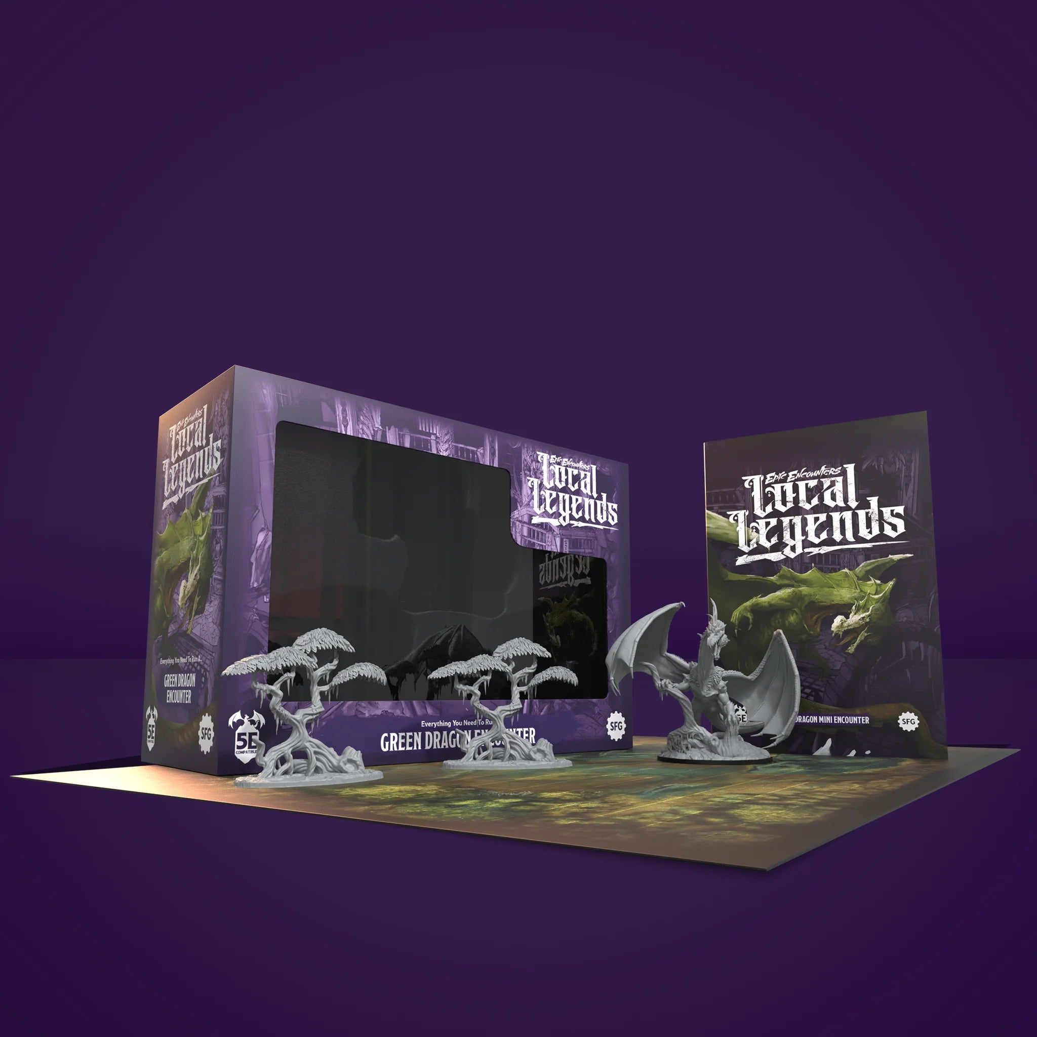 Fantasy game figurines with 'Local Legends' packaging on a purple background
