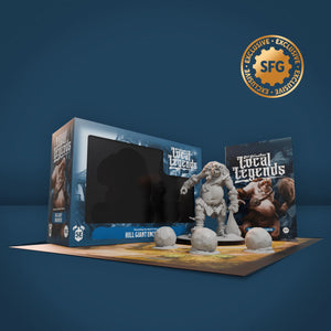 Tabletop game set with 'Hill Giant Enemy' figures and packaging on a blue background