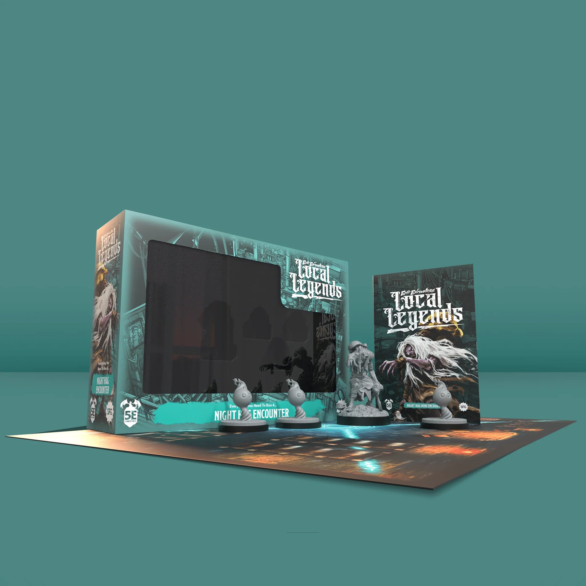 Board game set with 'Feral Legends' packaging and game pieces on a teal background