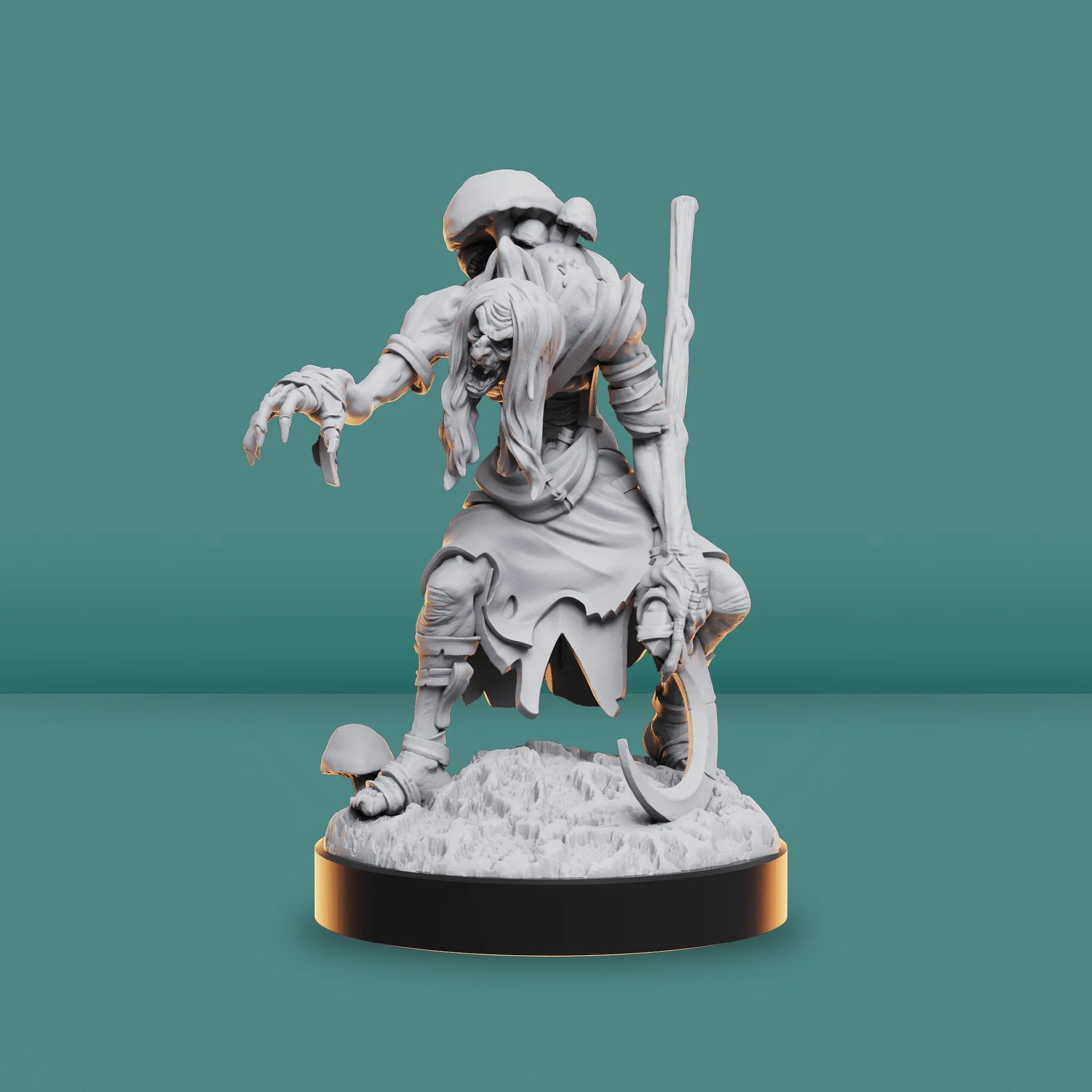Gray fantasy figurine on a black base against a teal background