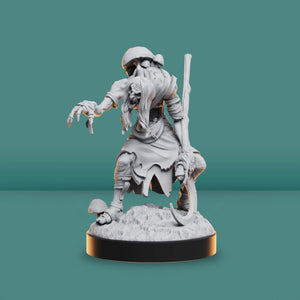 Gray fantasy figurine on a black base against a teal background