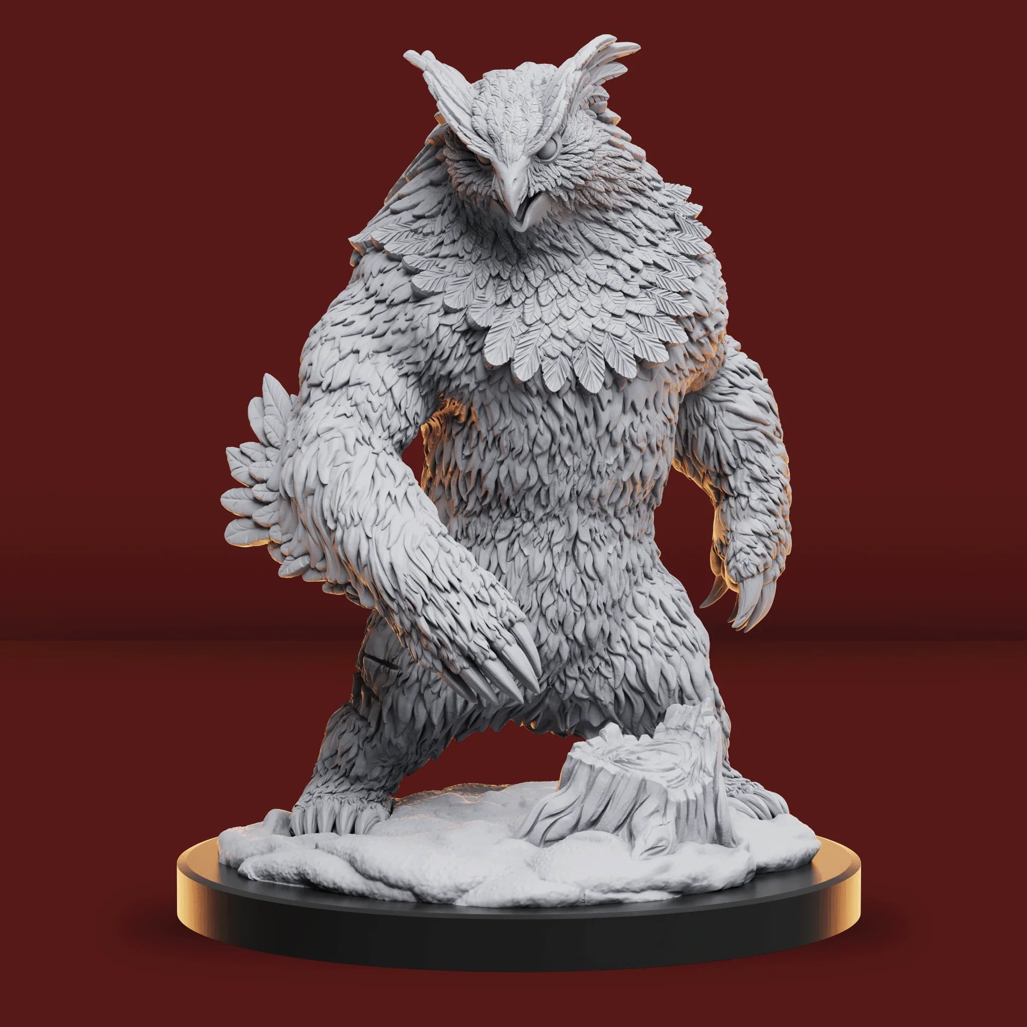 Statue of a creature with an owl-like head and bear-like body on a dark red background