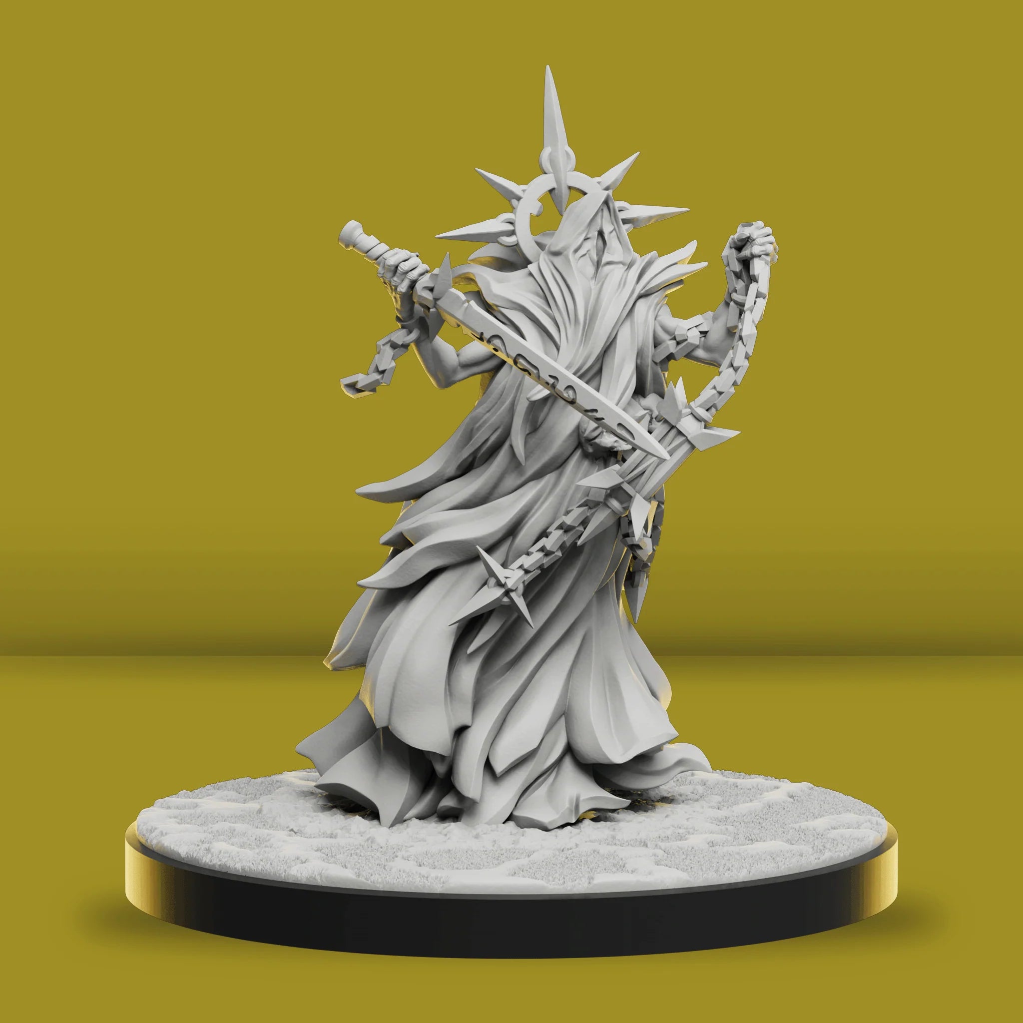 Gray fantasy figurine on a round base against a yellow background