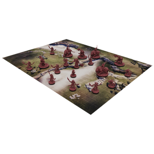 Board game setup with red figurines on a scenic board