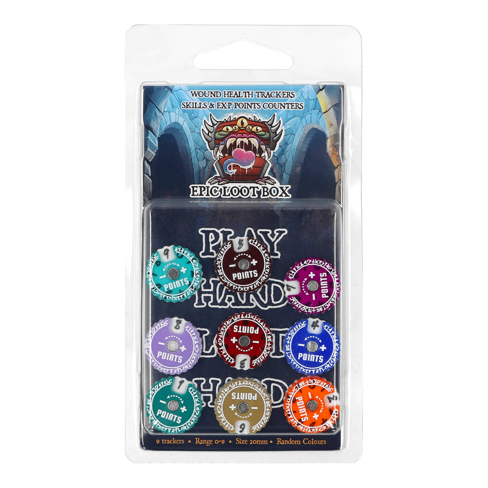 Packaged set of game counters with Epic Loot Box branding on a white background