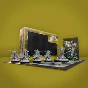 Tabletop game components including miniatures and a box on a green background