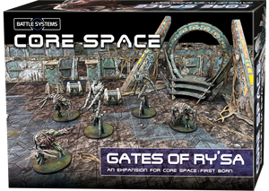 Board game expansion box for 'Core Space: Gates of Ry'sa' with miniatures and game setup.