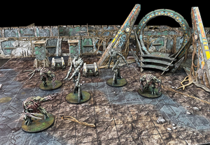Scenery setup with miniature figures and props on a detailed gaming table