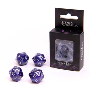 Set of purple dice with white numbers next to their packaging on a white background