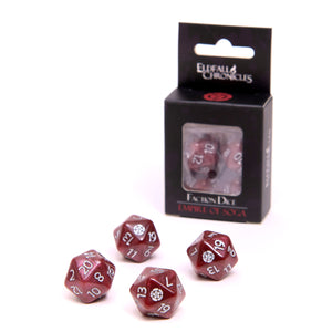 Set of red polyhedral dice with white numbers on a white background, featuring 'Elferfall Chronicles' packaging.