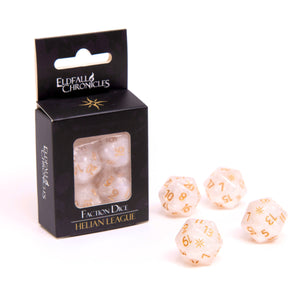 Set of white dice with gold numbers next to their packaging, featuring 'Eldefall Chronicles' branding.