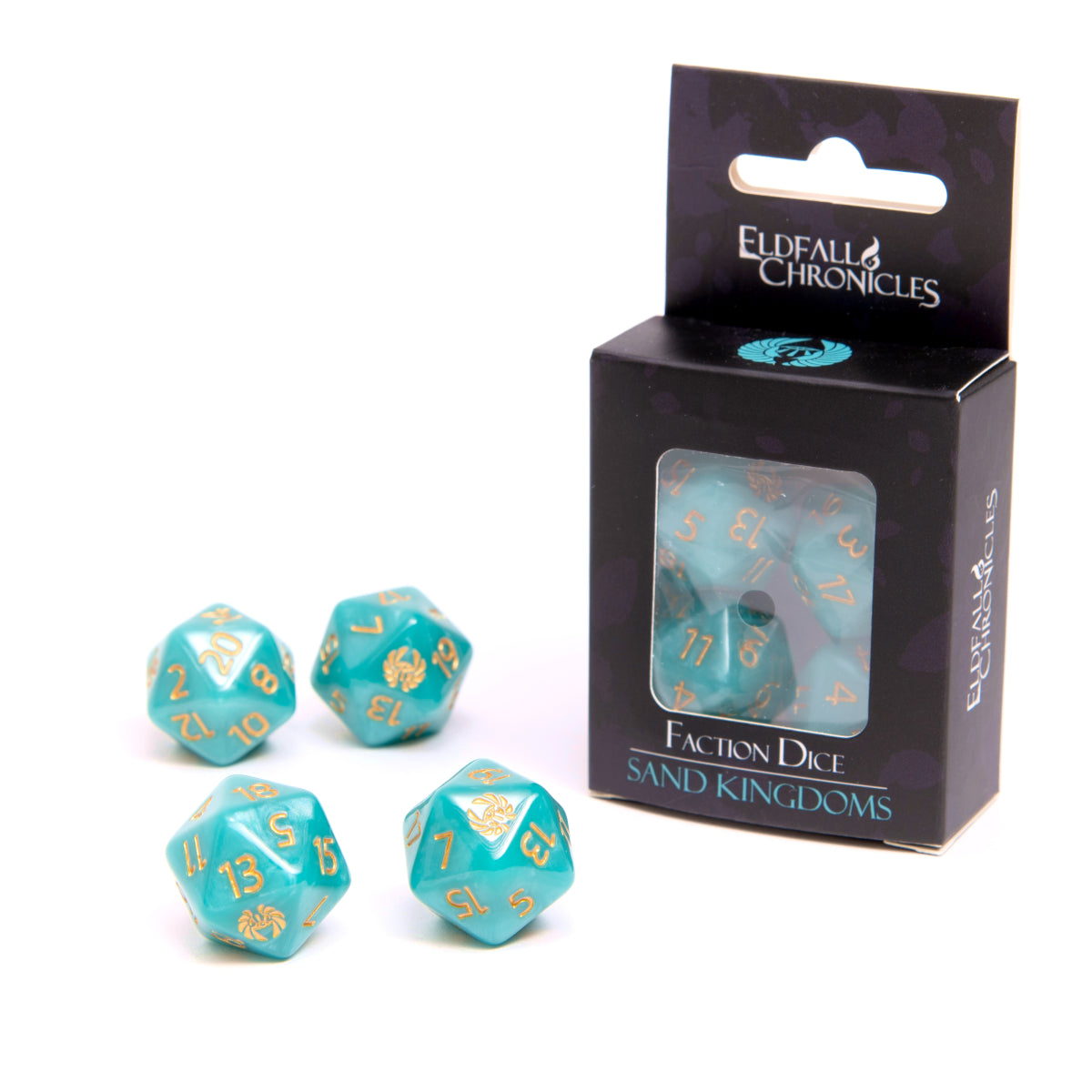 Teal dice with gold numbers in front of a black packaging box labeled 'Eldfall Chronicles'.