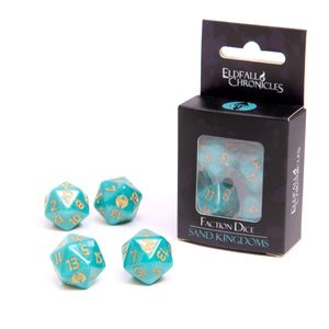 Teal dice with gold numbers in front of a black packaging box labeled 'Eldfall Chronicles'.