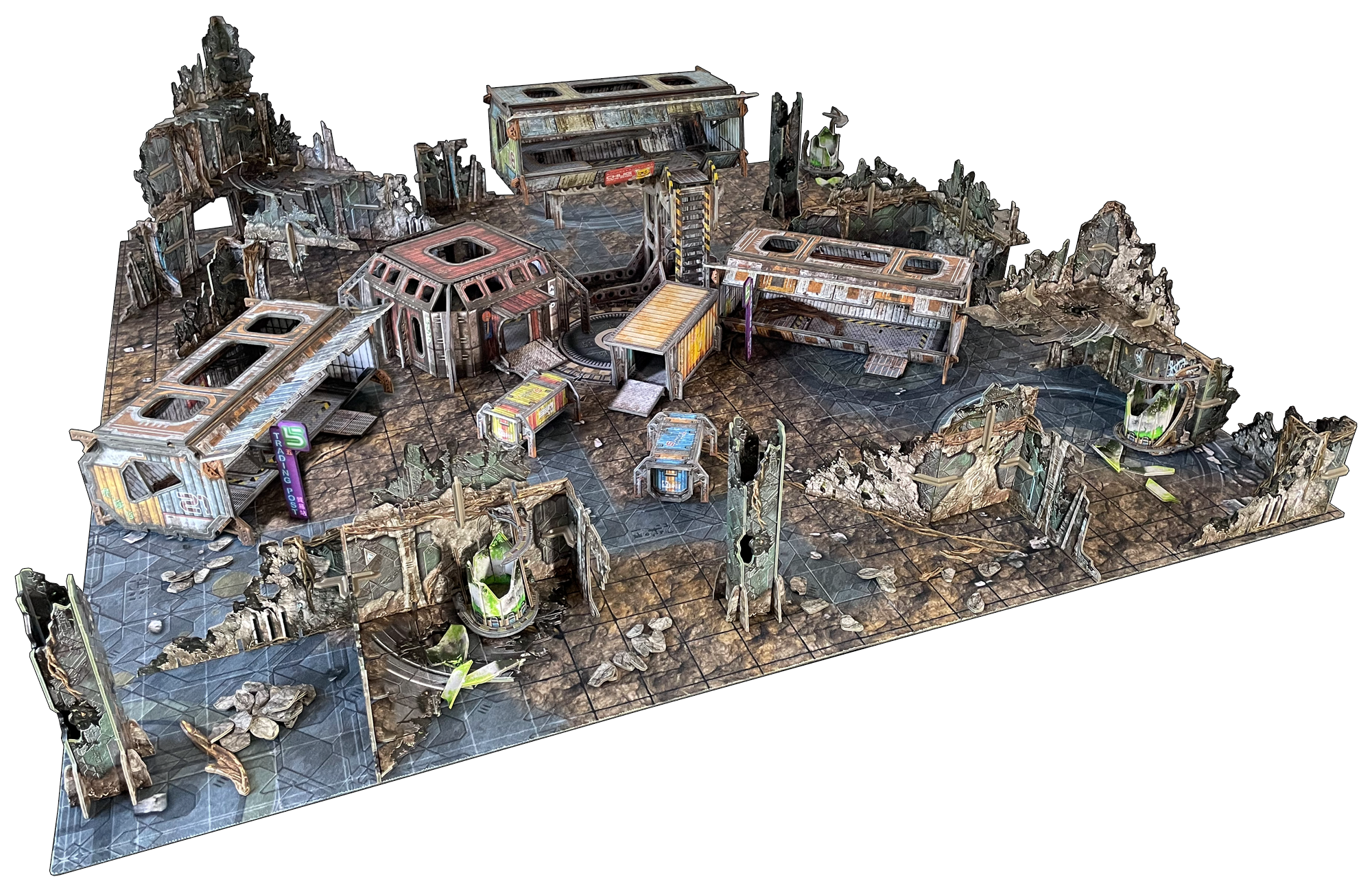 Detailed model of a post-apocalyptic landscape with ruins and structures on a white background