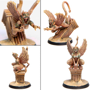 Collage of a fantasy figurine with winged creature and Egyptian-style headdress on a white background.