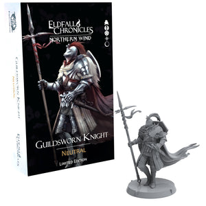 Guildsworn Knight figurine with packaging for 'Eldfall Chronicles Northern Wind' on a white background