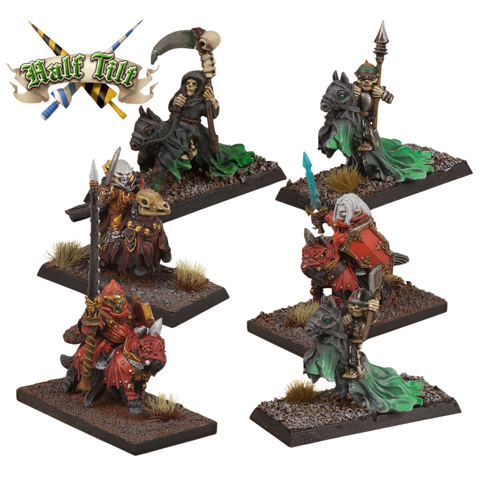 Collection of fantasy miniatures with detailed figures on stands, featuring 'Half Tide' branding.
