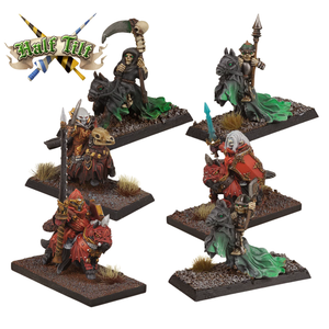 Collection of fantasy miniatures with detailed figures on stands, featuring 'Half Tide' branding.