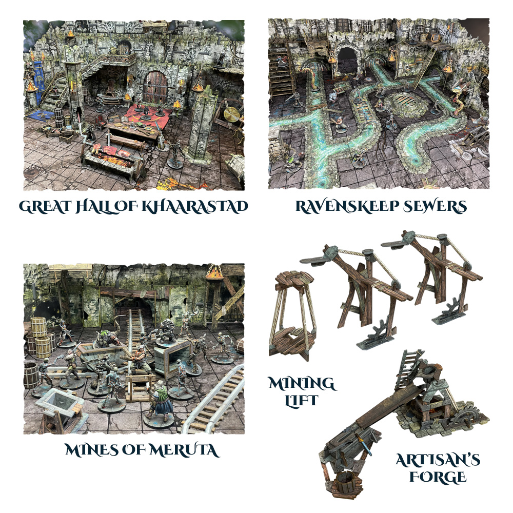 Collage of miniature game sets including 'Great Hall of Khaarastad', 'Ravenskeep Sewers', 'Mines of Meruta', and 'Artisan's Forge'.