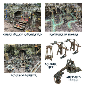 Collage of miniature game sets including 'Great Hall of Khaarastad', 'Ravenskeep Sewers', 'Mines of Meruta', and 'Artisan's Forge'.