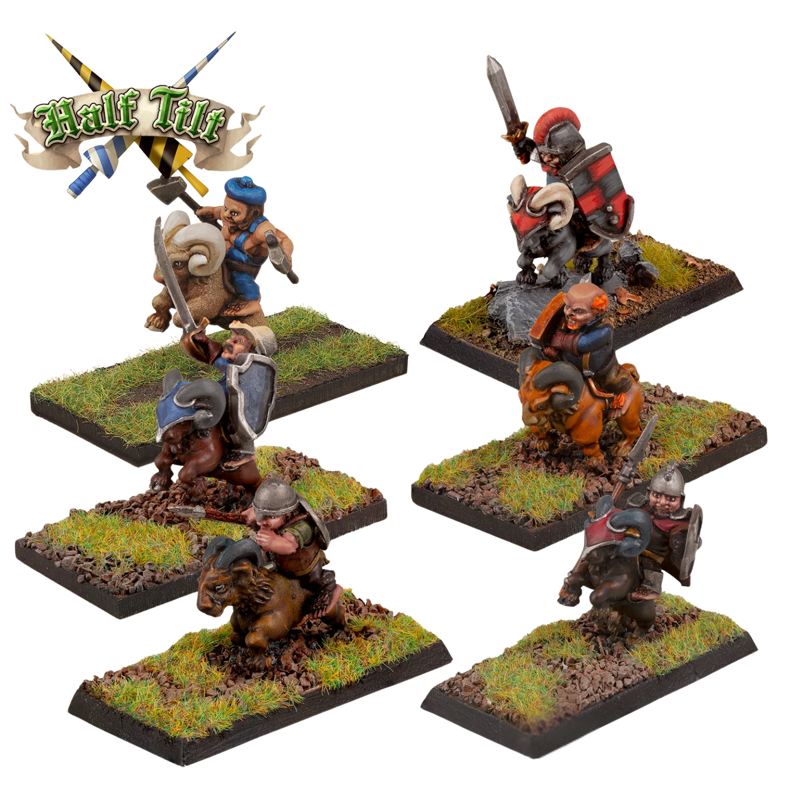 Set of miniature fantasy figures on bases with 'Half Tide' branding.