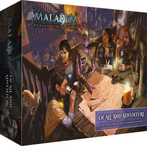 Board game box for 'Maladum: Dungeons of Environ' with characters around a table.