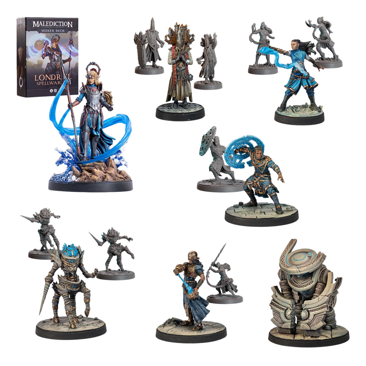 A set of painted fantasy tabletop miniatures and a boxed set titled 'Malediction: London Saga' shown on a plain white background. The collection includes multiple character figures with bases, some in gray and others with blue, silver, and bronze detailing.