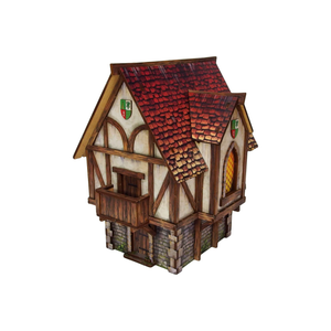 Model of a medieval-style house with a red roof on a white background