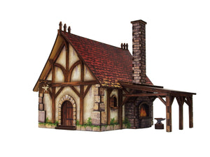 A miniature medieval-style cottage model with a red tiled roof, timber framing, a stone chimney, and an attached covered work area with an anvil, shown on a plain white background.