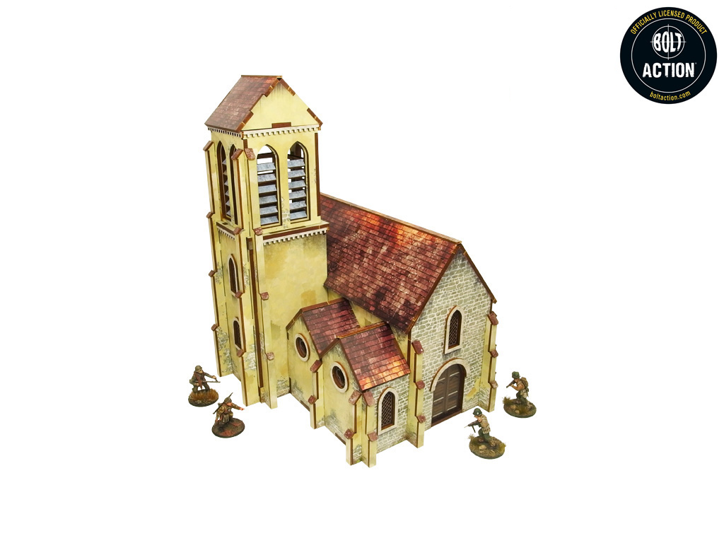 Model of a church with small figures around it, on a white background with awards displayed.