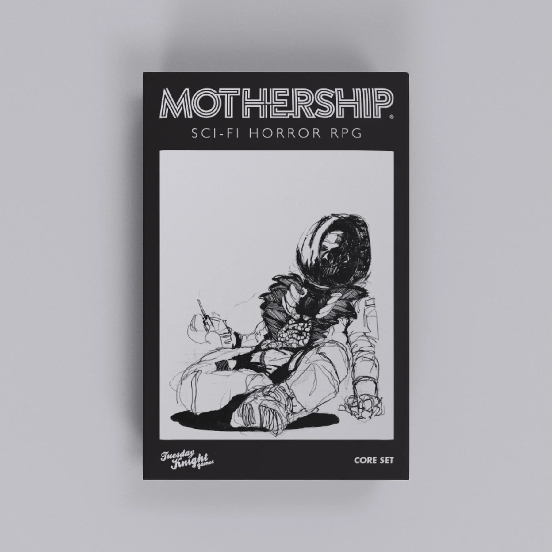 Book cover of 'Mothership' Sci-Fi Horror RPG with an astronaut illustration on a gray background