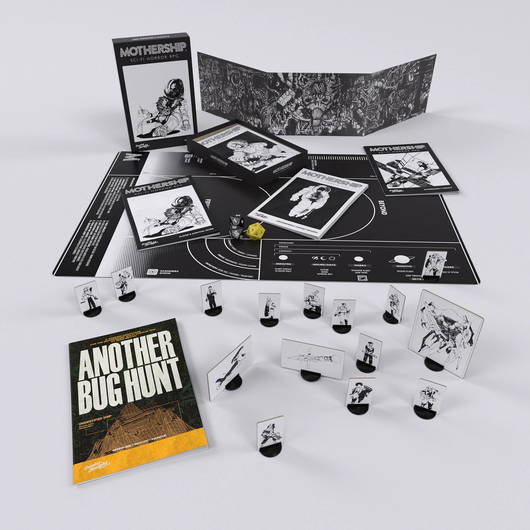 Board game packaging with cards and figures on a white background