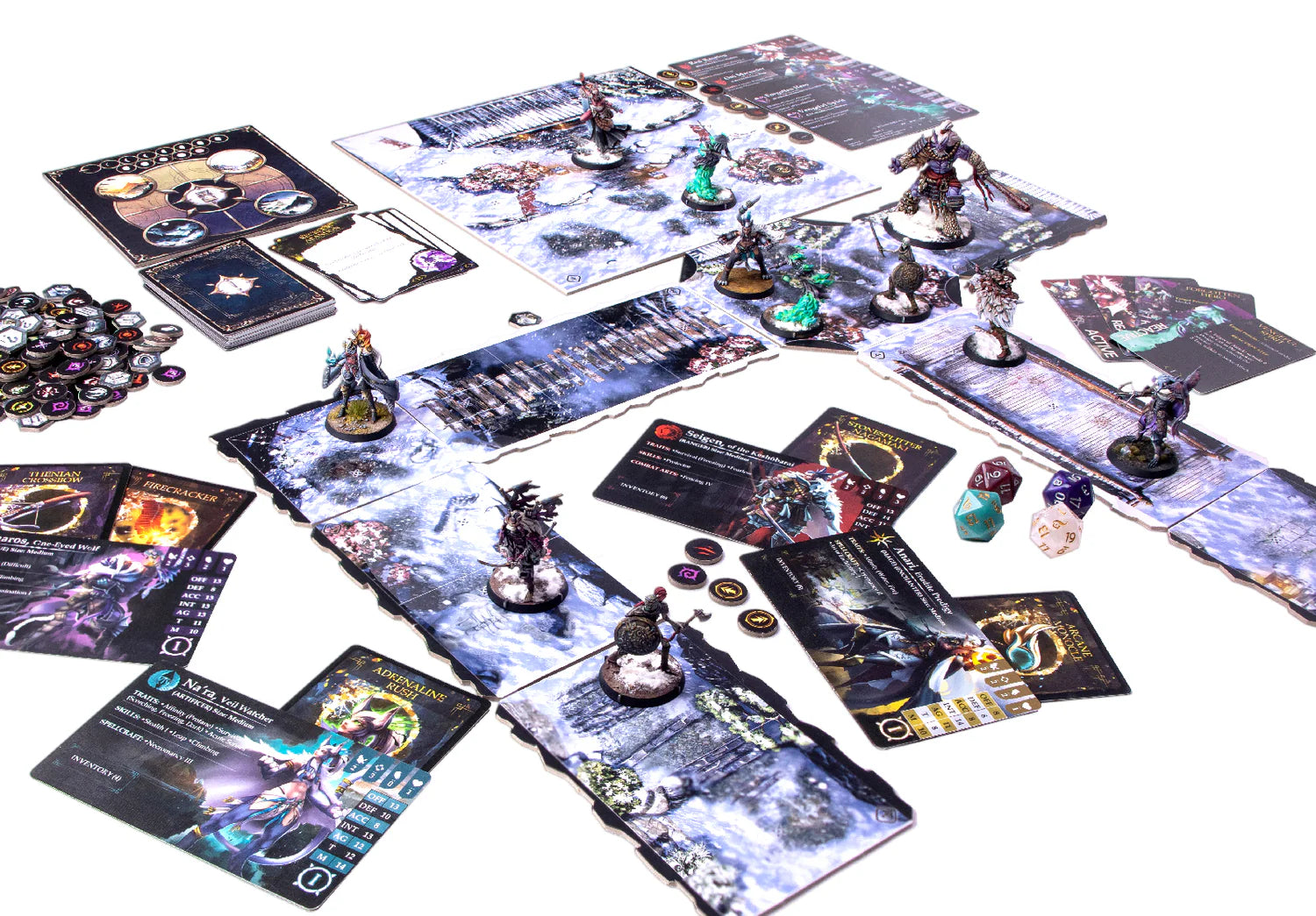 Board game setup with cards, figures, and dice on a white background