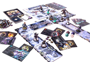 Board game setup with cards, figures, and dice on a white background