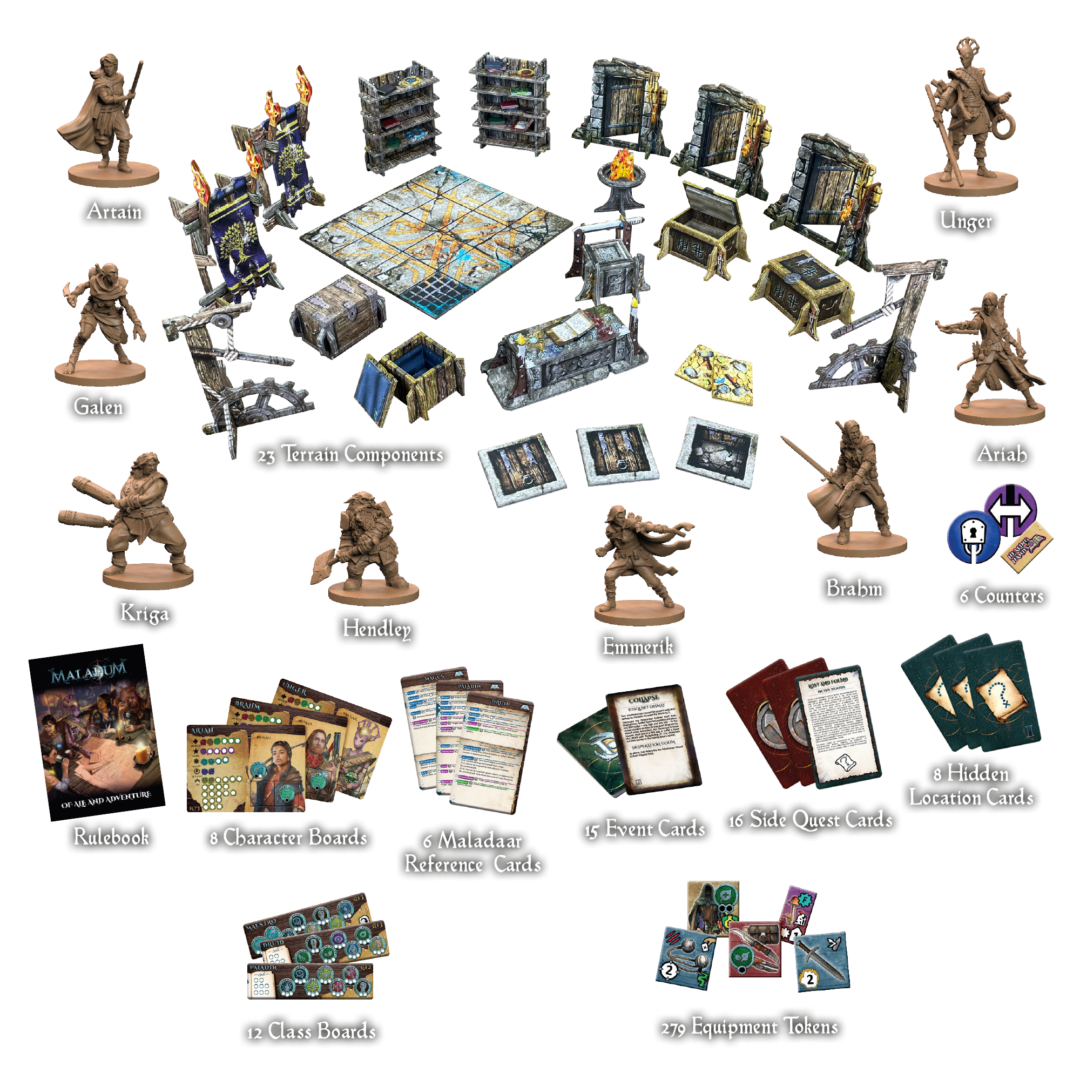 Collection of tabletop game components including figures, boards, and cards on a white background.