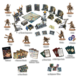 Collection of tabletop game components including figures, boards, and cards on a white background.