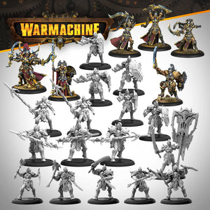 Collection of orgoth sea raiders figurines with 'Warmachine' logo above.