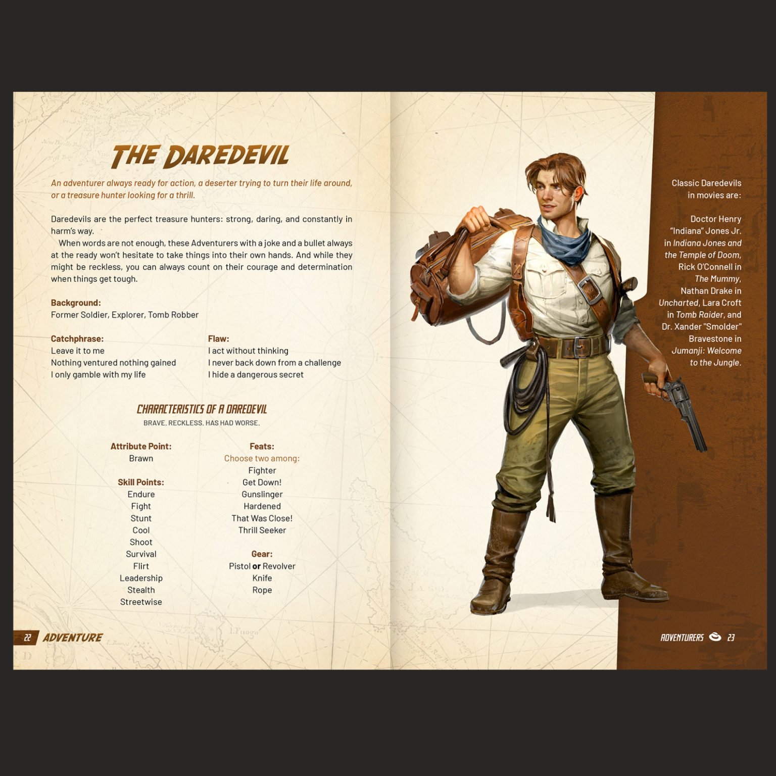 Character profile of 'The Daredevil' with descriptive text on a brown and beige background