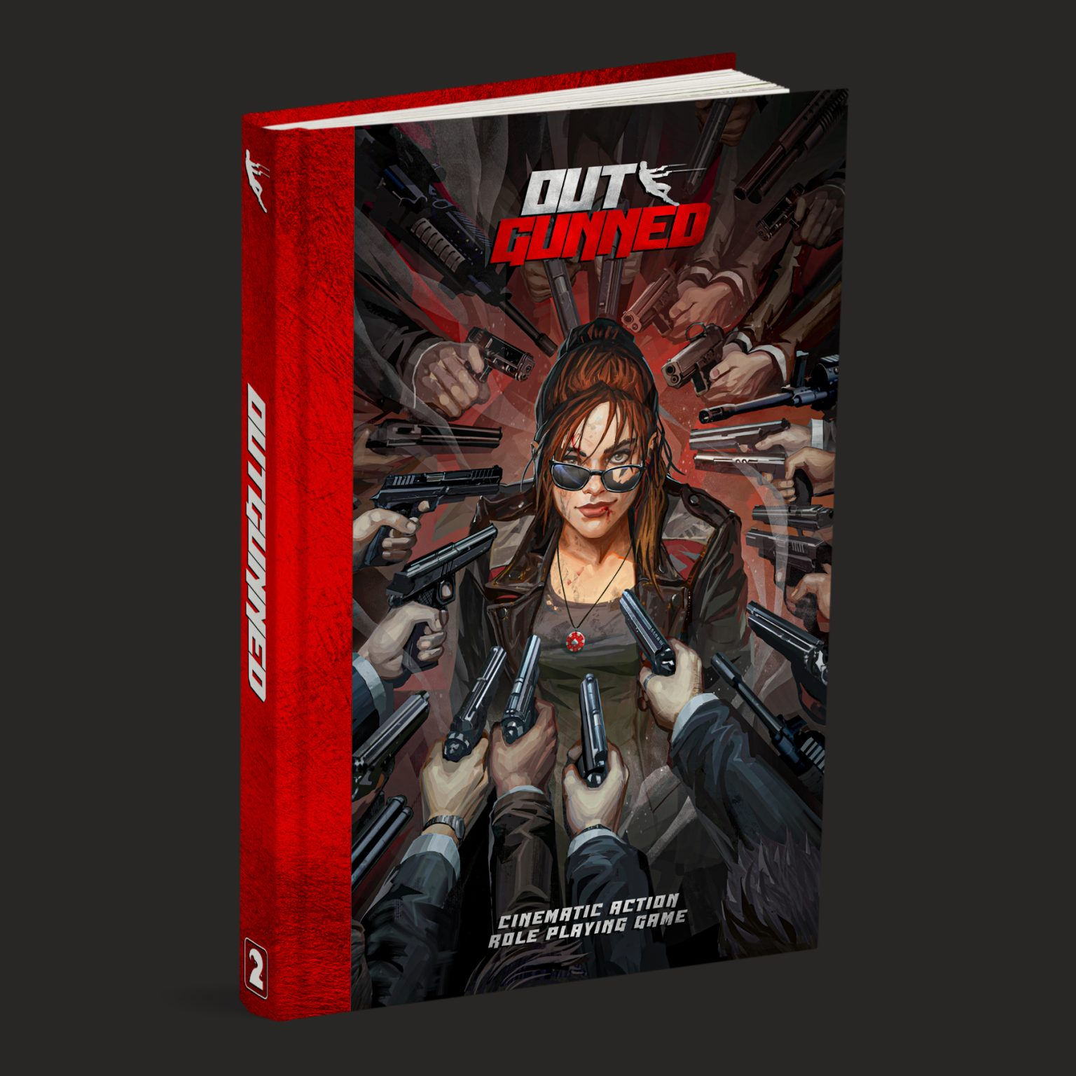 Book titled 'Outgunned' with a red spine and cover illustration of a woman holding guns.