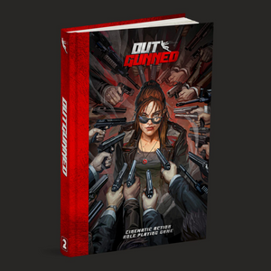 Book titled 'Outgunned' with a red spine and cover illustration of a woman holding guns.