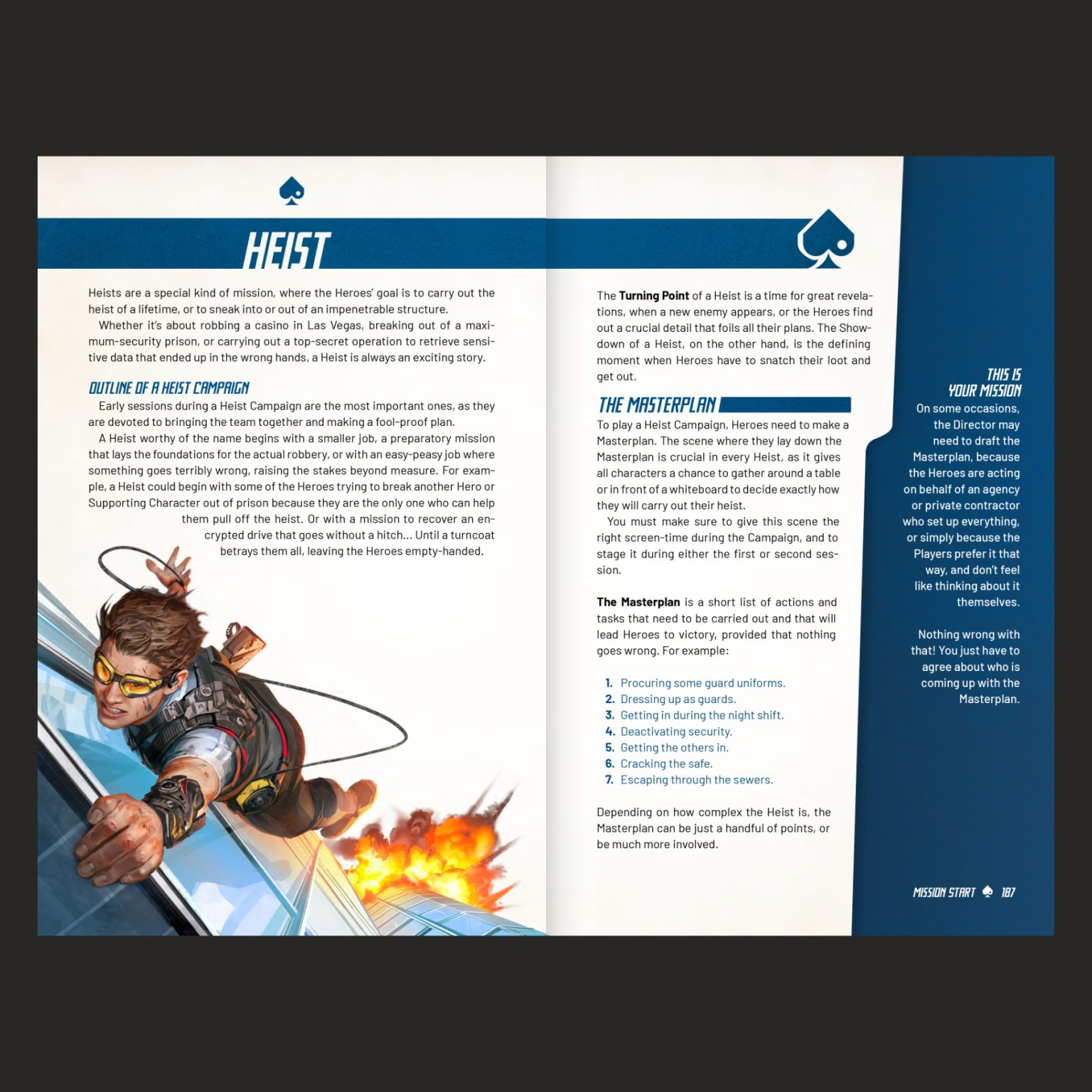 Gamebook page with character illustration and text on a white background