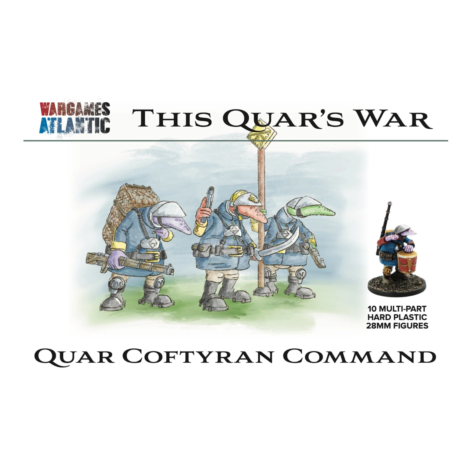 Product packaging for 'This Quar's War' with figurines and branding on a white background